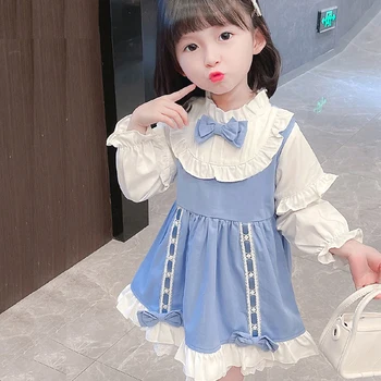 فستان بناتي للربيع والخريف فستان أزرق بفيونكة مطوي فستان بناتي على شكل حرف a تنورة فستان الأميرة للفتيات من سن 1 إلى 4 سنوات 2