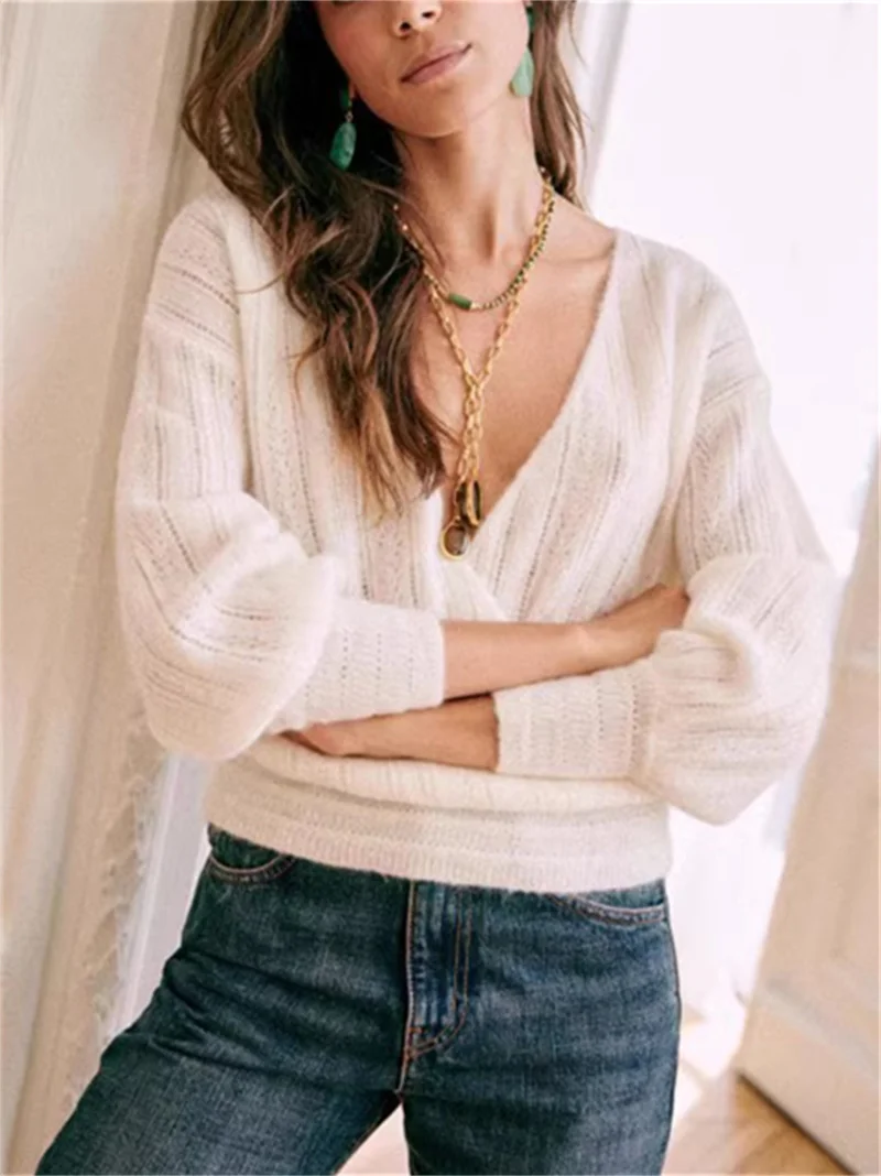 Fashion Sexy Solid Hollowed Out Patchwork V Neck Sweaters(3 Colors)