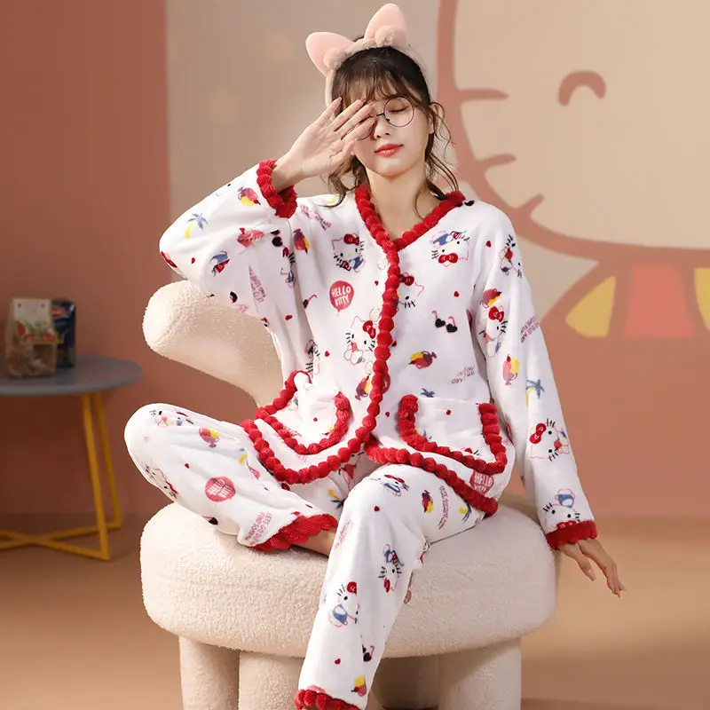 

Kawaii Anime Sanrio Hellokittyed Autumn and Winter Women's Coral Fleece Pajamas Set Cartoon Cute Plus Velvet Warm Home Clothes