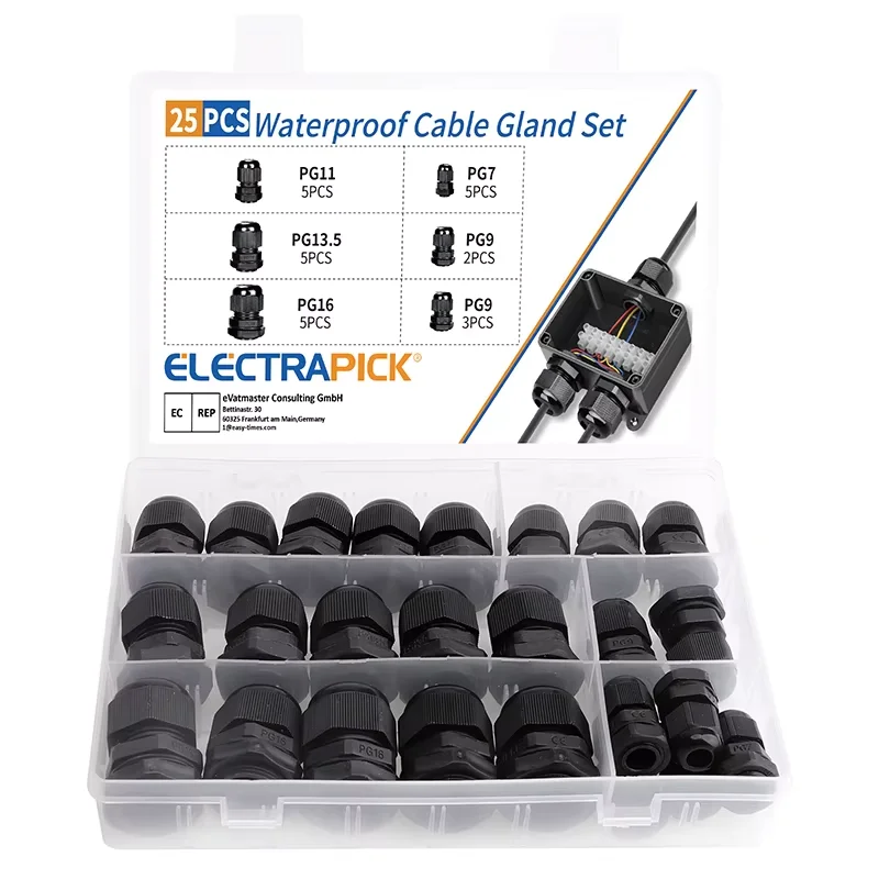 Cable Gland Electrical Connector 25pcs Waterproof Cable Gland Nylon Joints Plastic Black Cable Glands Connector Joint Combination PG7 PG9 PG11 PG13.5 PG16
