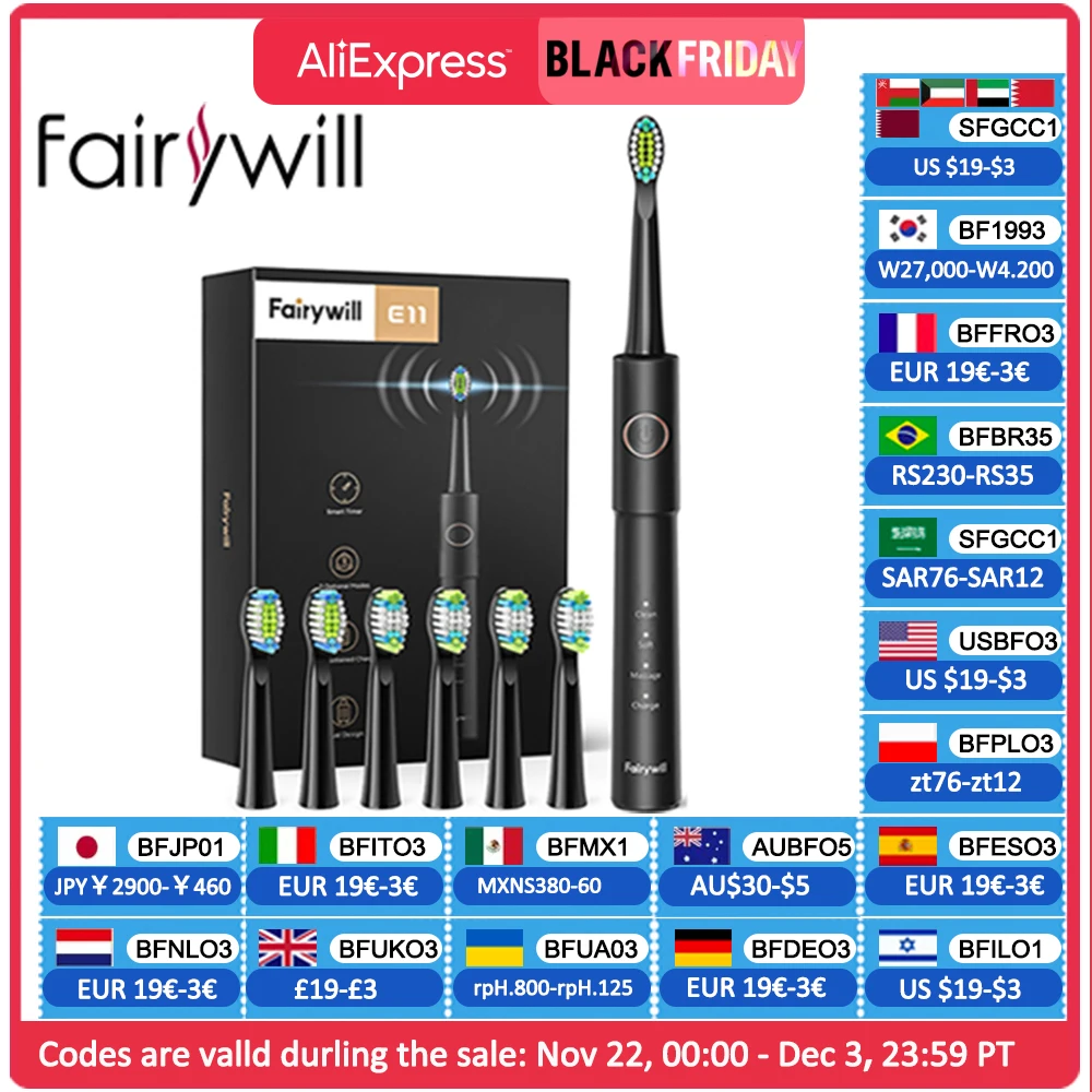 Electric Toothbrush Fairywill Sonic Waterproof USB Charge Rechargeable 8 Brush Replacement Heads Adult