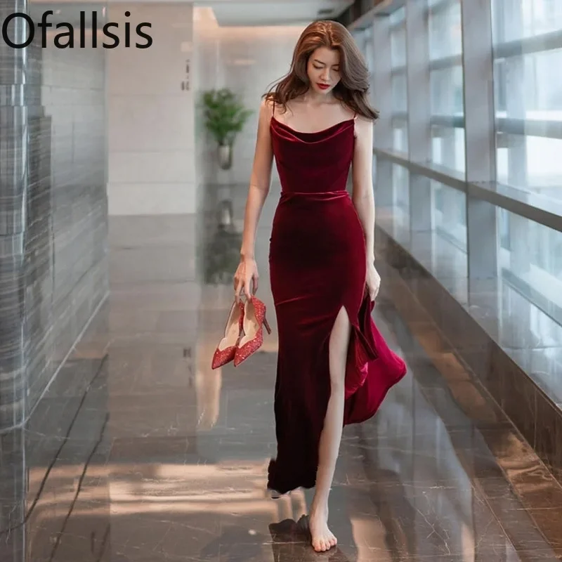 

Женское вечернее бархатное платье на бретельках Ofallsis, бордовое приталенное платье с вельветовым верхом, на бретельках-спагетти, для свадебного торжества, для лета, 2023
