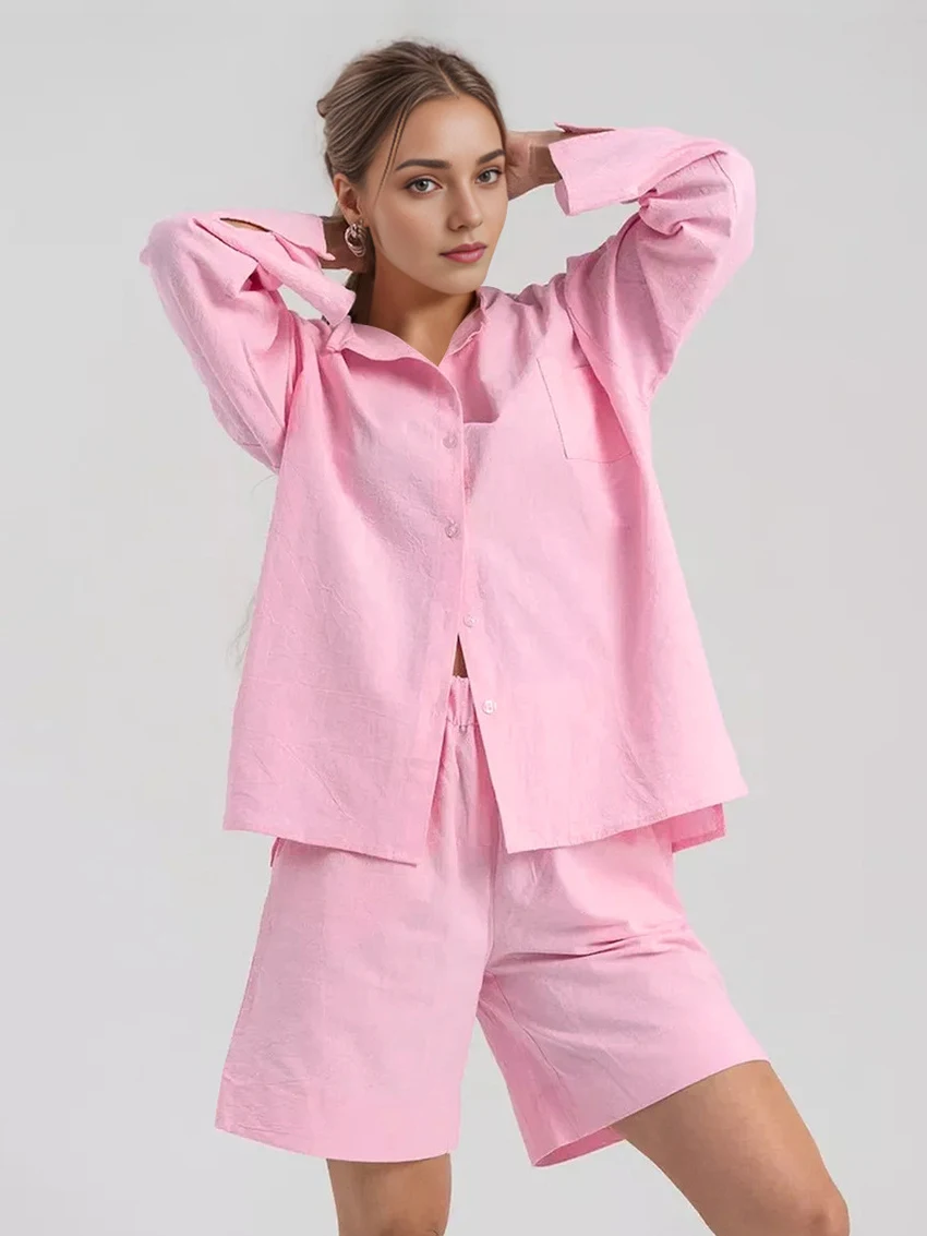 Marthaqiqi Pink Cotton Women'S Nightgowns Suit Long Sleeve Sleepwear Turn-Down Collar Pajamas Shorts Casual Ladies Nightwear Set