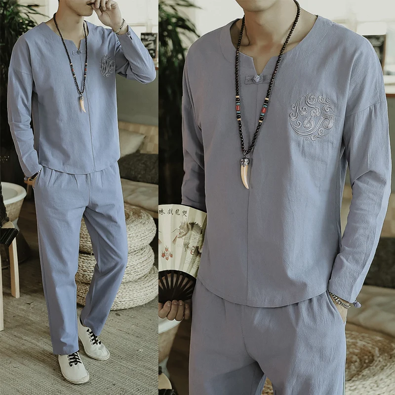 

2022 Spring Chinese Style Men's Casual Cotton & Linen Suit Linen Long-Sleeve Pants Embroidered Two-Piece Male Set M-5XL TZ208