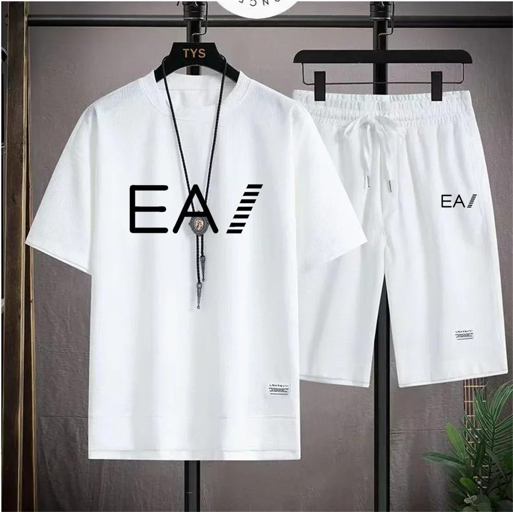 2024 man Men's New Summer Breathable Set, Round Neck Short Sleeved+two-piece Set Of 5/4 Shorts, With The Letters Ea1 Printed