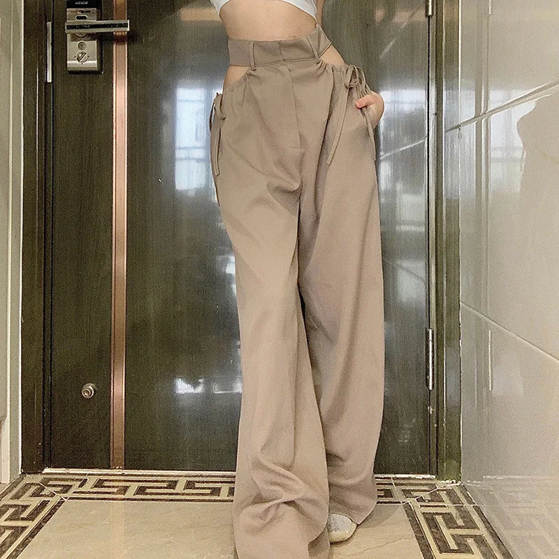 plus size clothing Meqeiss high waist hollow out tassel Straight pants 2020 female fashion  street casual wear harajuku Khaki cargo pants women capri jeans