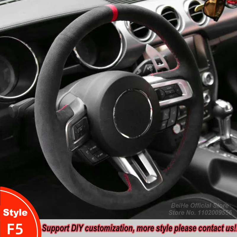 

Hand-stitched Soft Non-slip Black Suede Red Marker Car Steering Wheel Cover Wrap For Ford Mustang 2015 2016 2017 2018 2019 2020