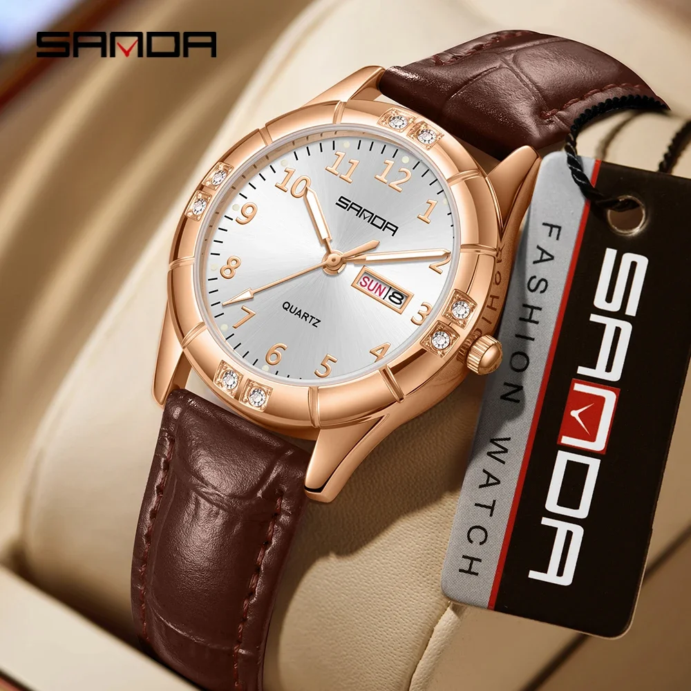 Elegant Korean Vintage Leather Quartz Watch for Women - Waterproof with Luminous Diamond Accent