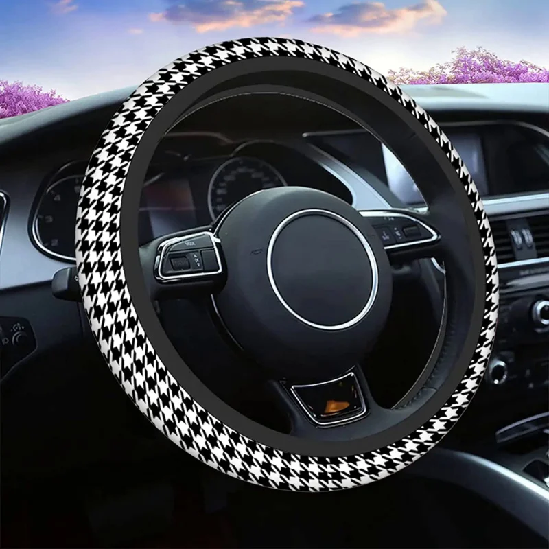 

Black White Houndstooth Universal 15 Steering Wheel Covers Abstract Geometric Checked Tooth Cute Car Steering Wheel Cover