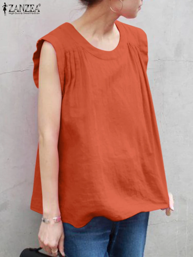 

ZANZEA Woman Casual Solid Tank Tops Summer Fashion Sleeveless Tunic Blouse Female Elegant Chemise O-Neck Cotton Pleated Tees