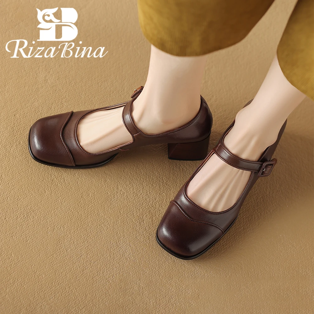 

RIZABINA Real Leather Women Mary Jean Shoes Solid Color Round Toe Thick Heel Pumps Ladies Fashion Buckle Strap Leisure Shoes New