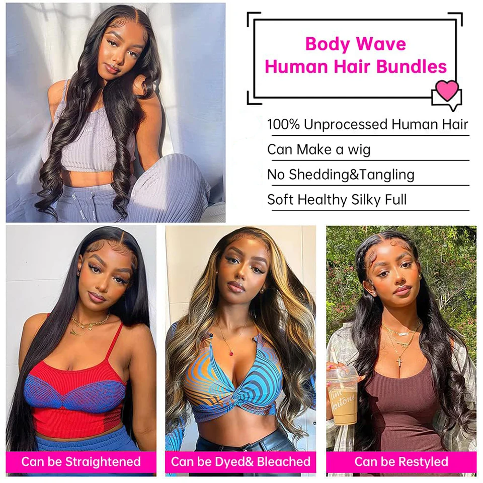 Body Wave Bundles Natural Black Brazilian Human Hair Weave Bundles Hair Extensions 200% Density 4PCS Body Younsolo