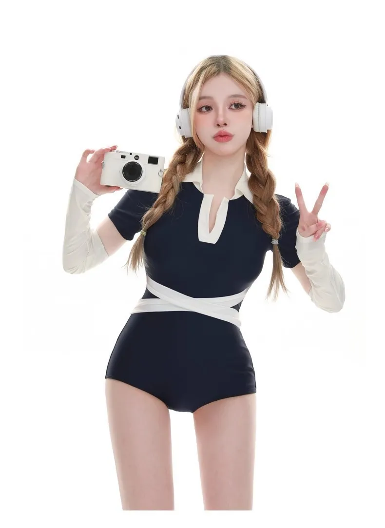 SchoolGirlsCutOutSportSwimwearOnePieceSwimsuitwithSleeve