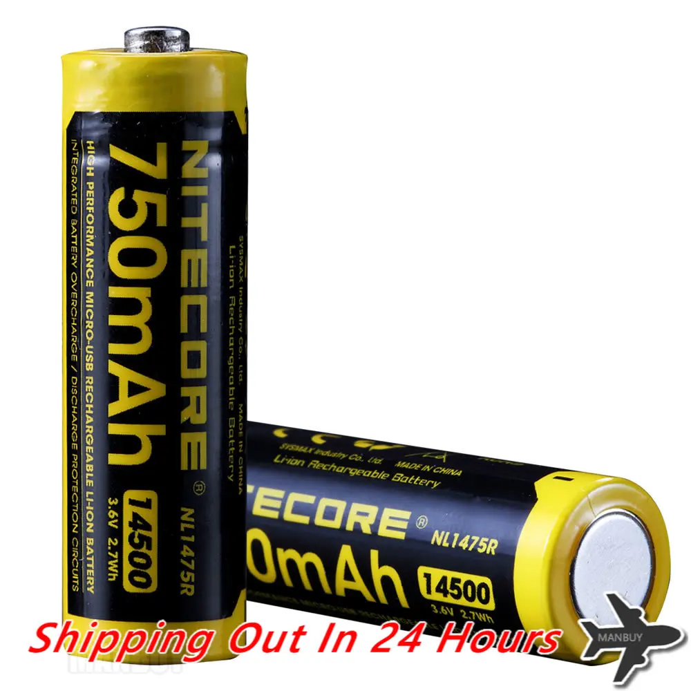 

TOPSALE NITECORE NL1475R 750mAh14500 High Performance Micro-USB Rechargeable Li-ion Battery 2.7Wh Button Top Protected