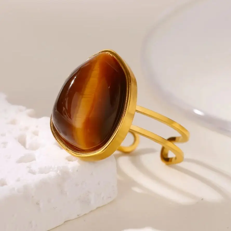Geometric Stone Rings For Women Gold Color Stainless Steel Adjustable Ring