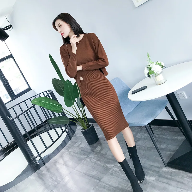 

Knitted 2 Piece Set Women 2022 O-neck Long Sleeve Loose Pullover Sweater + High Waist Mid-Calf Long Skirt Set Suit P-262