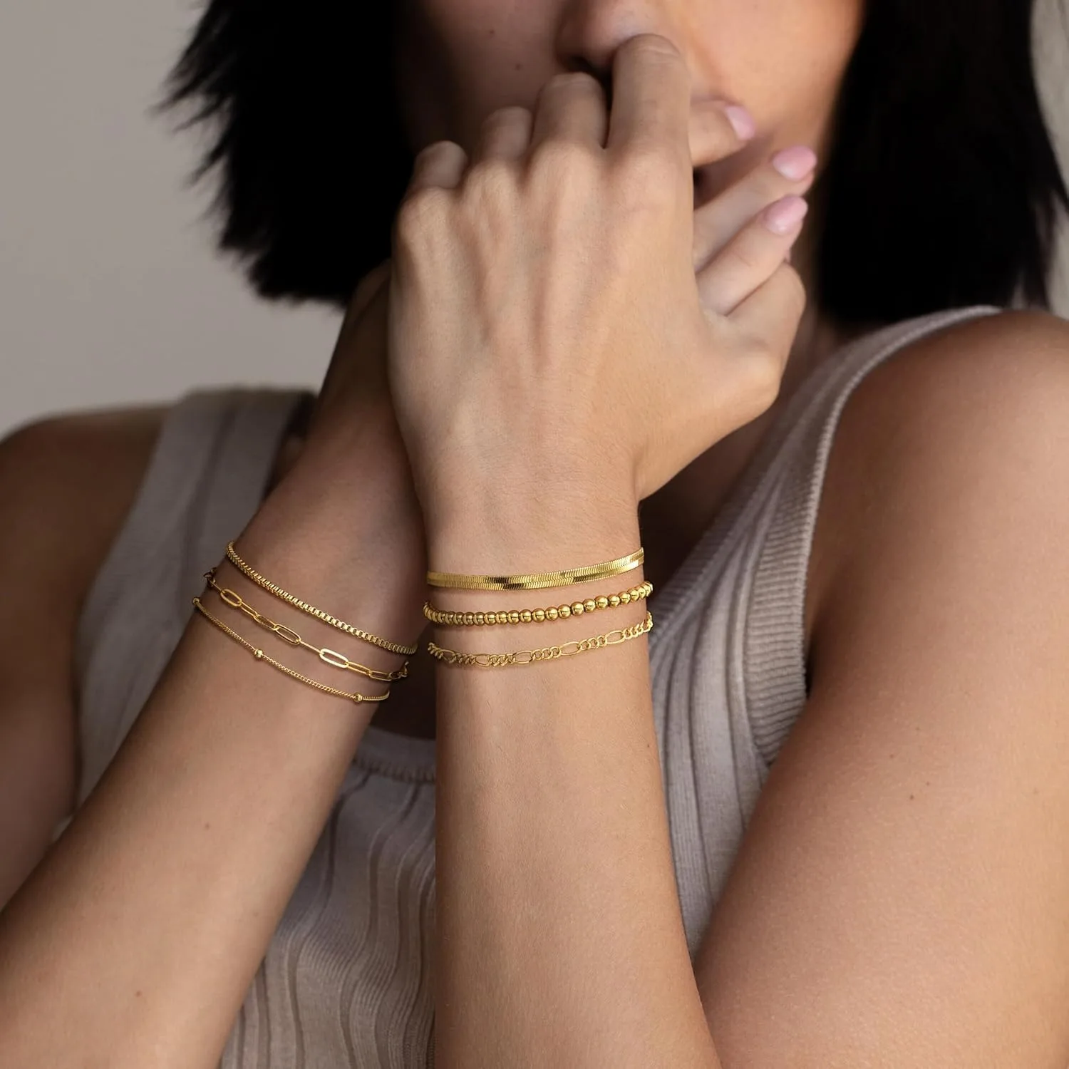 Gold Bracelets for Women Waterproof 14K Gold Plated Jewelry Set for Women Trendy ThinDainty Stackable Cuban Link Paperclip Chain 6