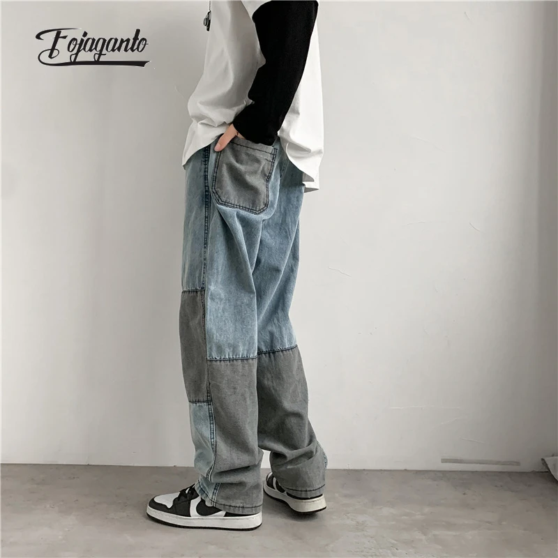 regular jeans FOJAGANTO Men's Jeans Trendy Patchwork Color Casual Jeans Pants Loose Couple Hip Hop Street Fashion Vintage Denim Trousers Male baggy jeans mens