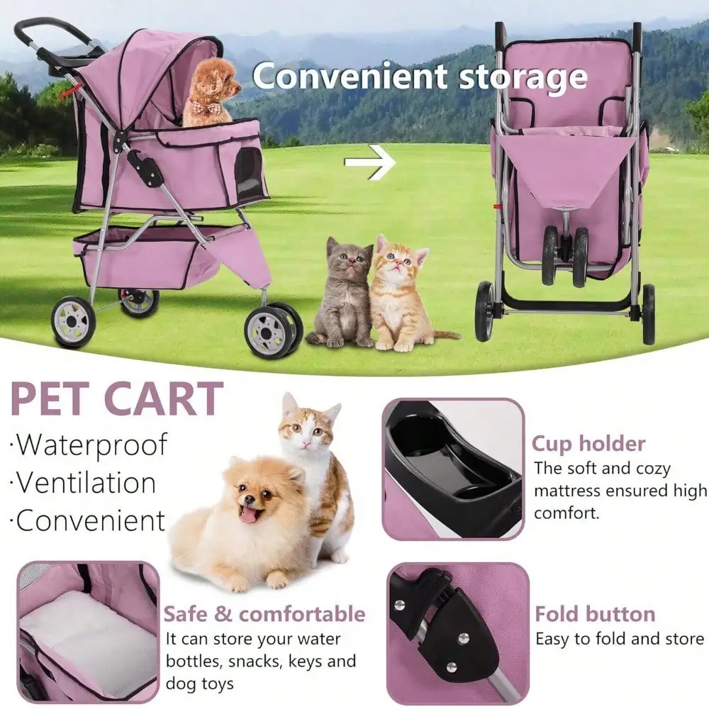 New Pink Pet Stroller Cat Dog Cage 3 Wheels Stroller Travel Folding Carrier 3