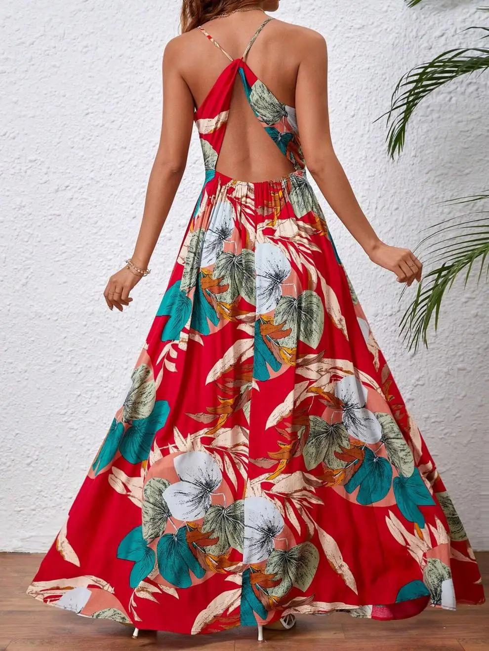Fashion Flower Print Spaghetti Strap Dresses Women Sexy V-neck Backless Slit Long Dress Bohemian Style Vacation Beach Vestidos