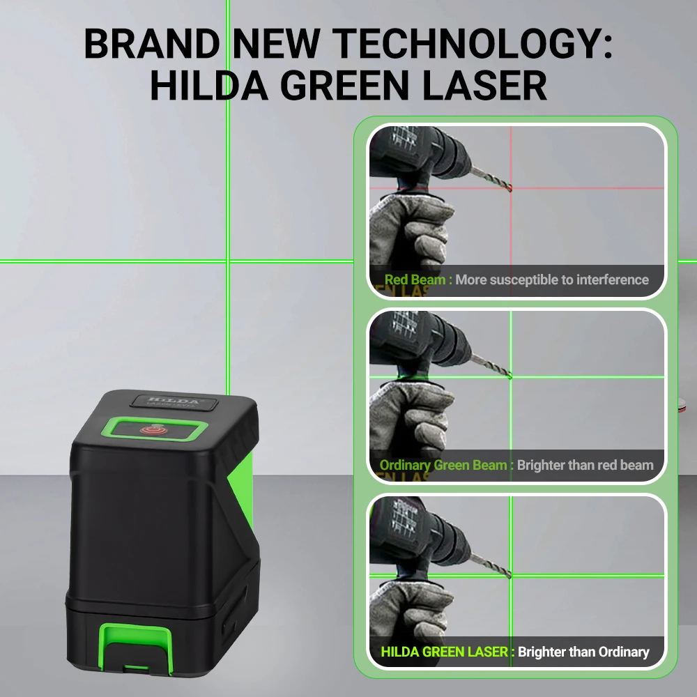 Laser Level HILDA 2 Lines Laser Level Self Levelling Green Beams Laser Horizontal Vertical Cross Line Mini Level