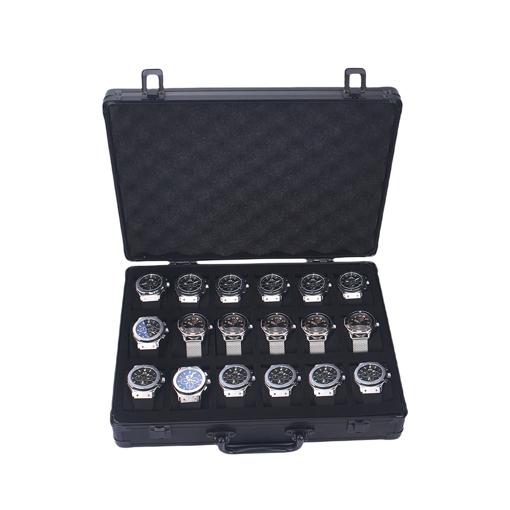 Elegant 18-Slot Aluminum Watch Organizer Box with Brushed Metal Finish, Lockable Jewelr... - SKU LJSC2135 - UGI Packaging