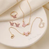 4pcs/Set Sweet Jewelry Set Butterfly Pendant Imitation Pearl Necklace for Women Pearl Earrings Girl Jewellery Women Gift 4