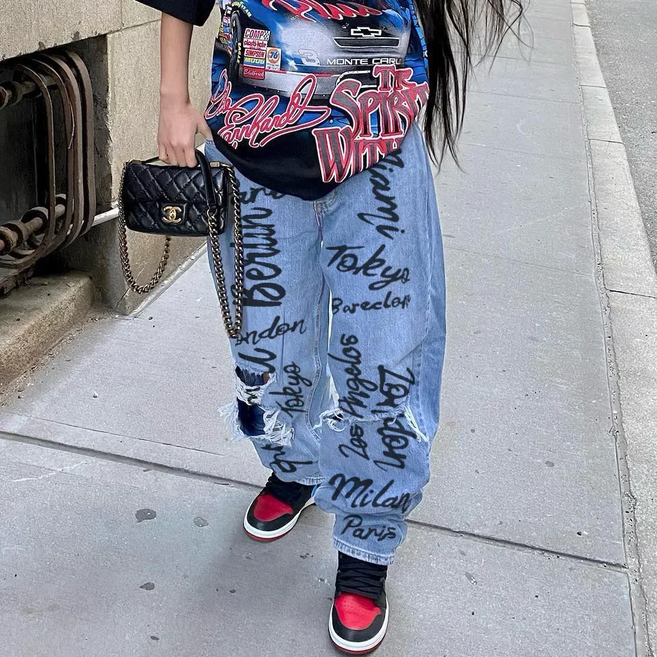 

Женские джинсы, модные брендовые взрывобезопасные повседневные уличные джинсы в стиле хип-хоп с начесом и принтом в стиле ретро, Y2K