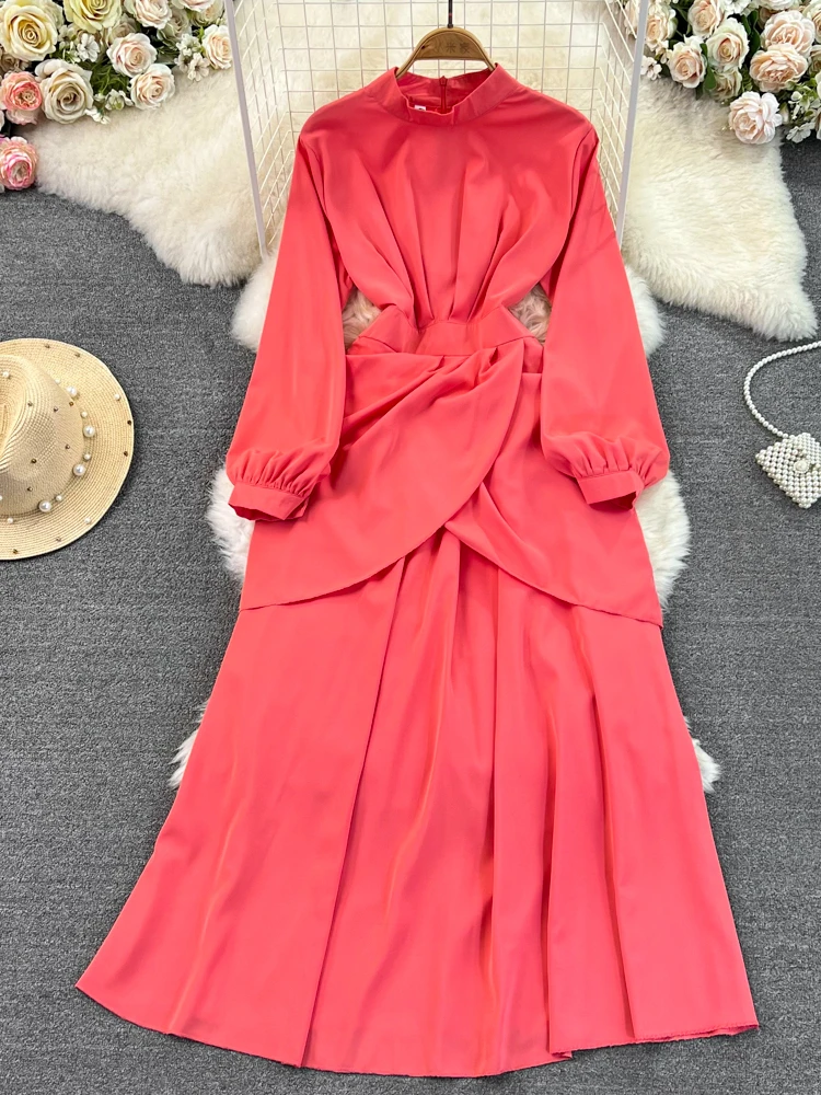 

FMFSSOM New Vintage Spring Summer Solid Slim Full Lady Dress A Line O Neck Chiffon Pullover Mid-Calf High Waist Women Dresses