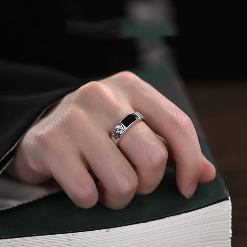 

PANJBJ 925 Sterling Silver Ring for Women Girl Geometry Dropwise Glaze Retro Texture Design Trend Jewelry Gift Dropshipping