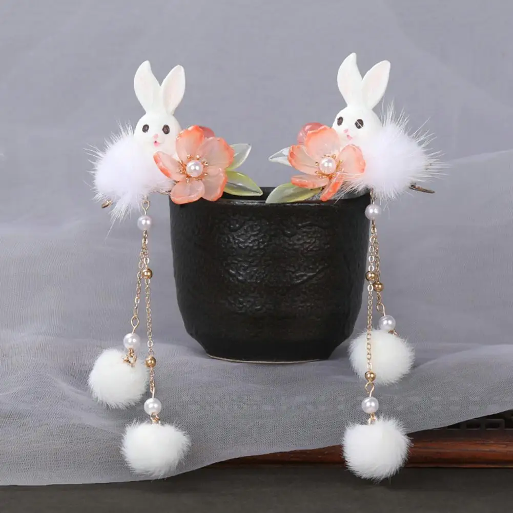 

1 Pair Hanfu Hairpins Plush Ball Rabbit Decor Long Tassel Flower Chain Decorative Beads Cosplay Hanfu Headgears Hair Accessories