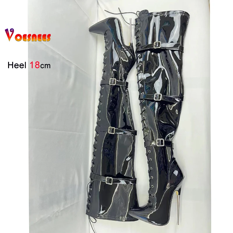 Black Sexy 18cm Metal Over Knee Women Boots Night Club Stage Pole Dance Thigh High Buckle Belts Boots Custom Colors Plus Size 46