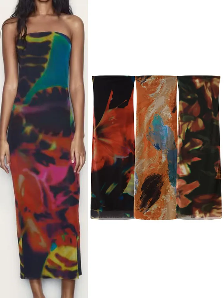 

TRAF Women Printed Strapless Long Dress 2023 Summer New Fashion Ladies Trapless Backless Elegant Chic Slim Dresses 3 Colors