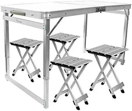 

Picnic Table with 4 Stools, Aluminum Table Oxford Mat Chair Set for up to 4 Persons, Portable Lightweight and Heights Adjustable