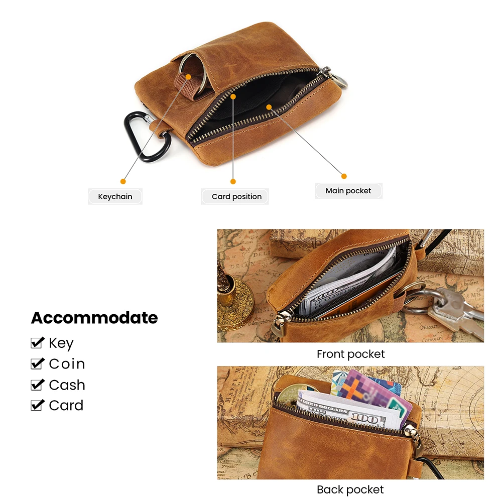 Vintage Crazy Horse Leather Coin Purse With Keychain Men Women Mini Short Wallet Card Holder Change Purse Storage Bag