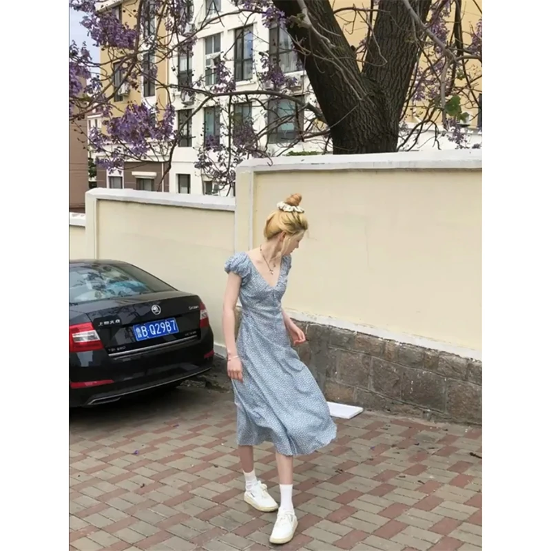 

Blue Dress Womens 2024 Summer New All-match Fashion Waist Bubble Sleeve Dresses Female Casual V-neck Fishtail Slim Long Skirt