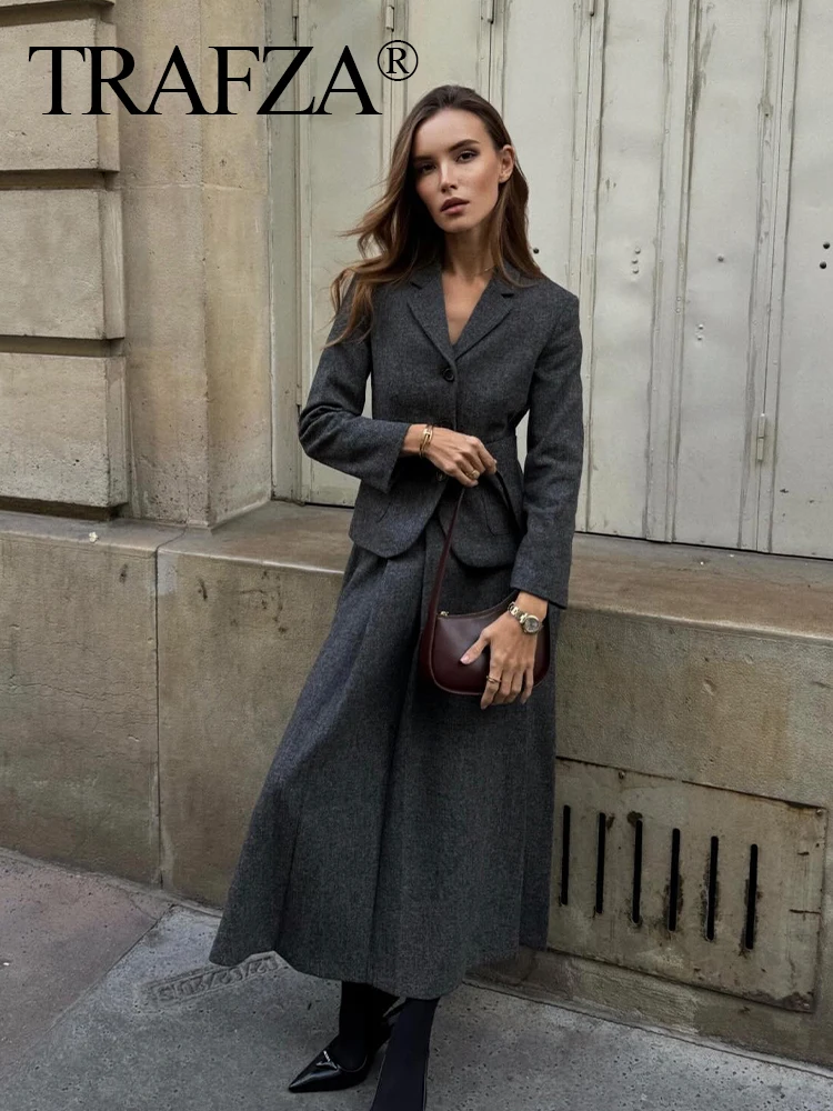 

TRAFZA Blazer Skirt for Women Fashion Suits Long Sleeves Sheath Blazer + A Line Folds Versatile Minimalism Style Female Skirt