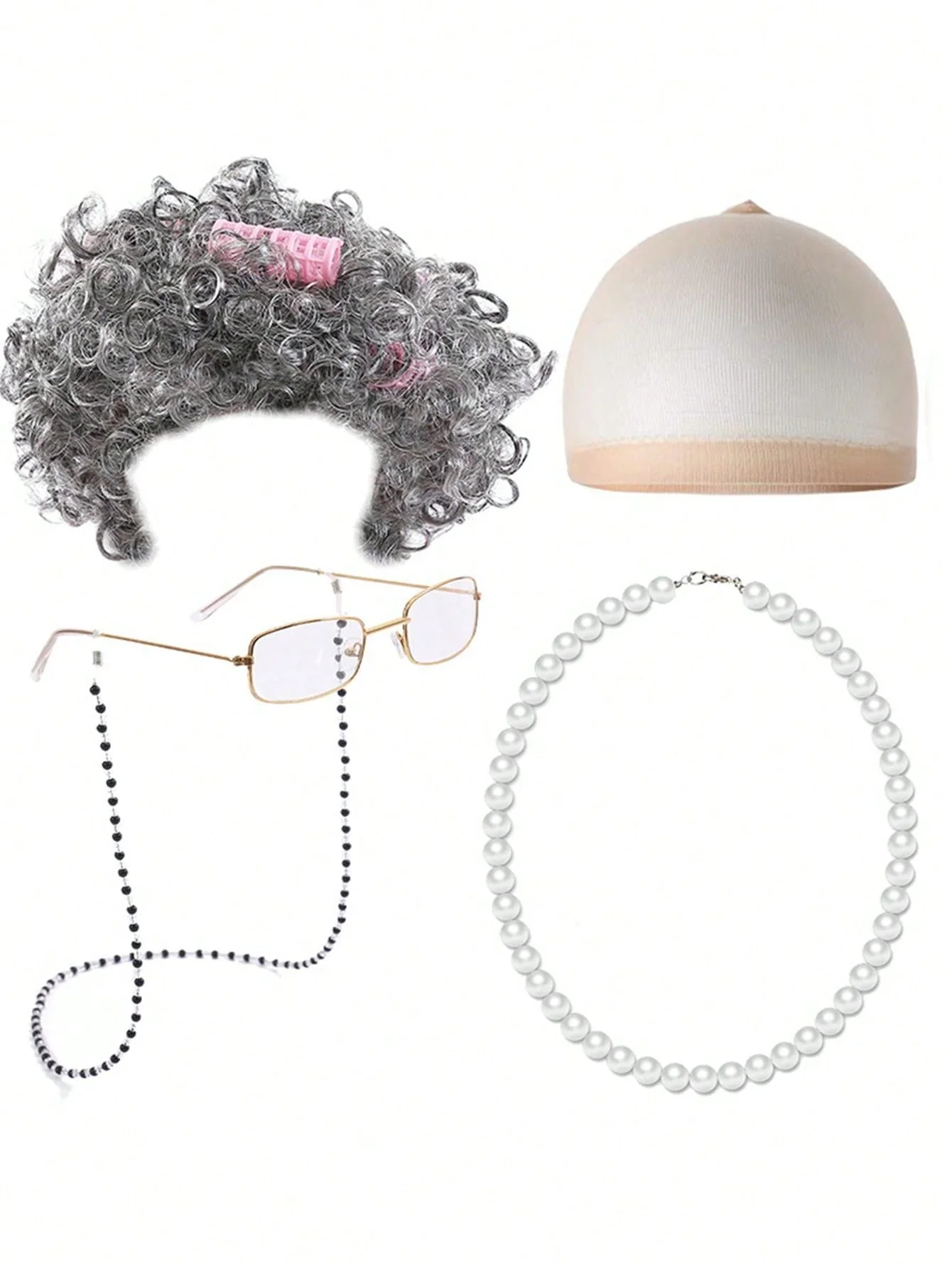 Old Lady Costume Set - Grandmother Synthetic Wigs, Wig Caps, Granny Glasses, Glasses Retention Chains, Pearl Necklaces