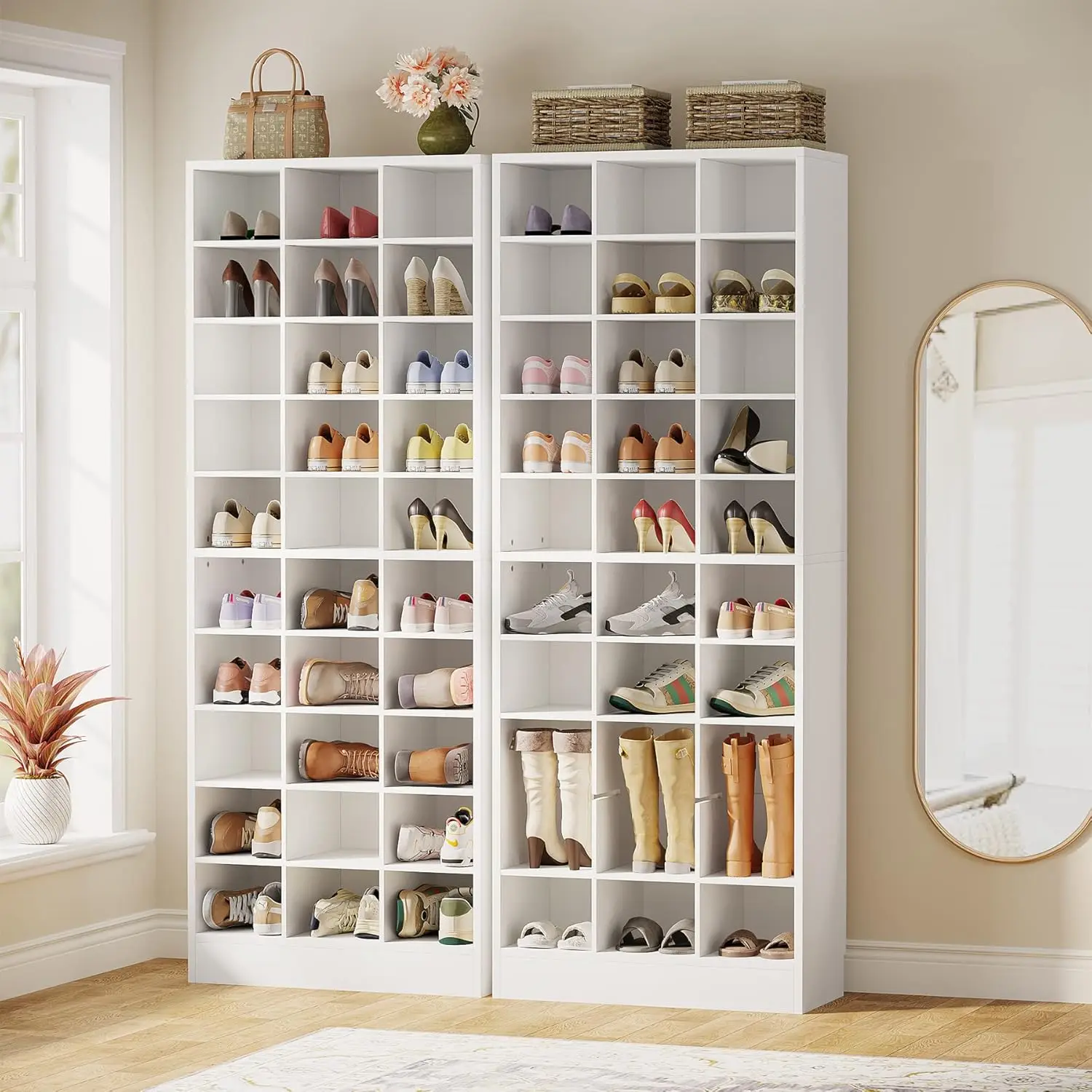 10-Tier Wooden Shoe Rack Set of 2 30-Cubby Freestanding Entryway Closet Organizer White, Customized