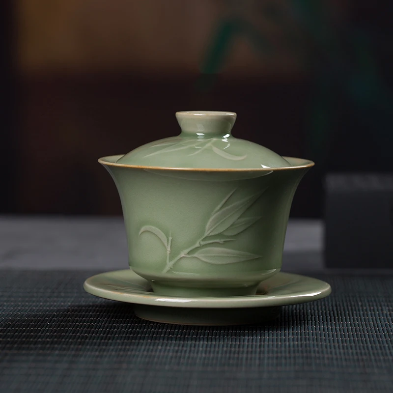 

Longquan Celadon Kung Fu Tea Teaware Gaiwan Sancai Household Large Size Tea Brewing Bowl Ceramic Yue Kiln with Lid Tea Ceremony