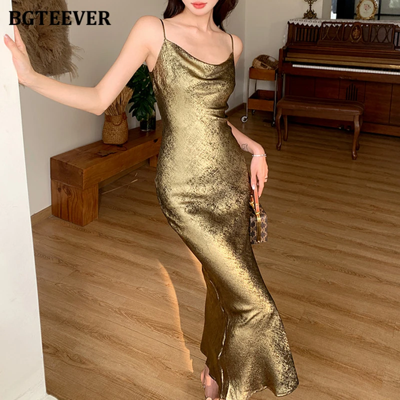 

BGTEEVER Spring Summer Fashion Ladies Spaghetti Strap Package Hip Midi Dress Elegant Slim Waist Women Sleeveless Mermaid Dress