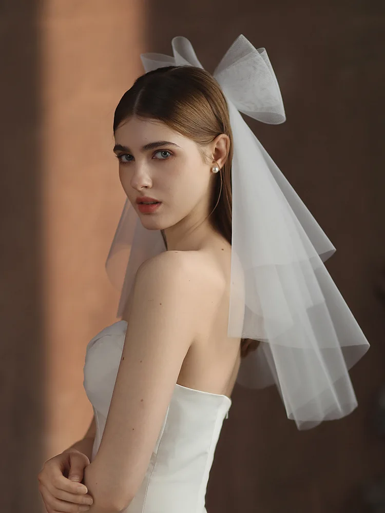 CC Romantic Veils for Wedding Women Accessories Bridal Hairwear Engagement Headdress Bow-knot Shape Double Layer Paddy Veil V302