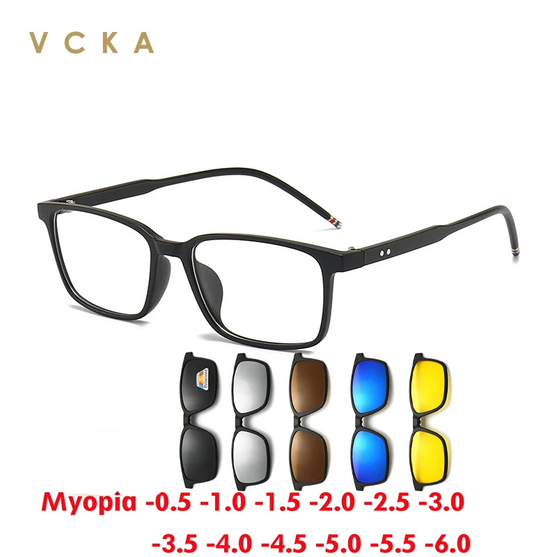 

VCKA Men Magnet Clip Myopia Sunglasses Driving Polarized Glasses TR90 Frame Custom Prescription Women Square Eyewear -0.5 TO -10