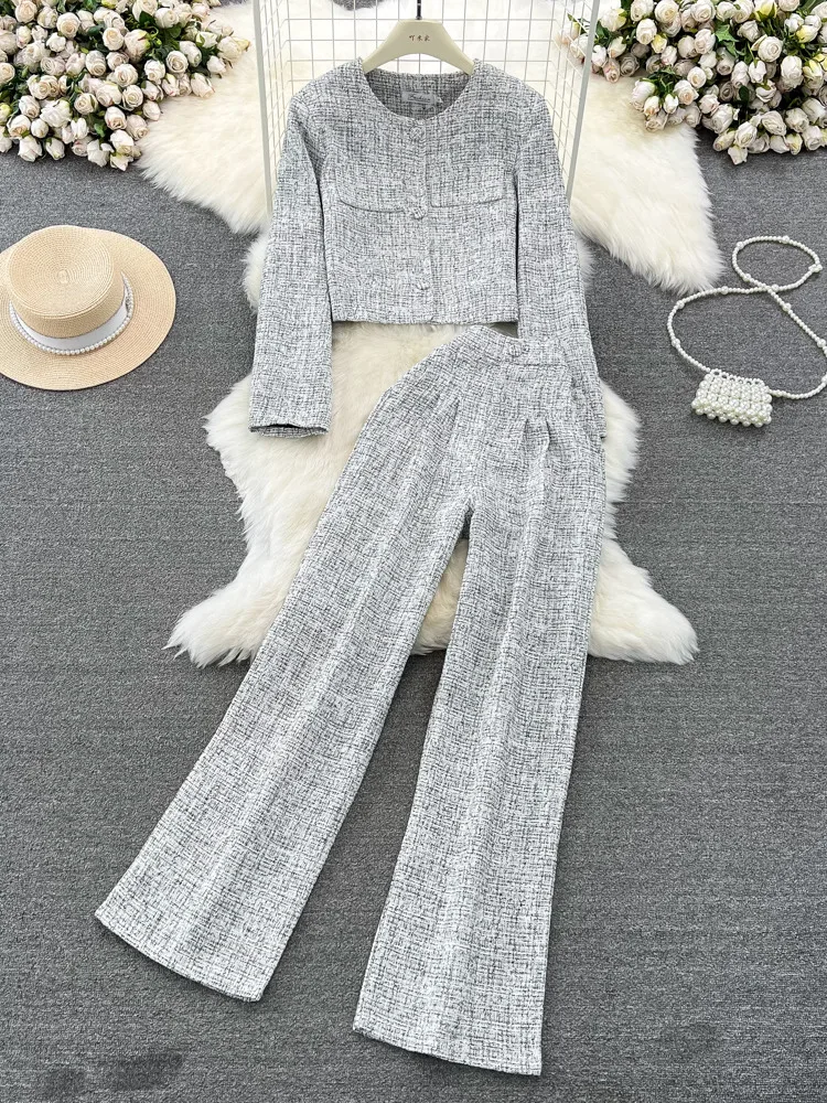 

Autumn Women's Set Korean Fashion Round Neck Single Breasted Short Coat High Waist Straight Wide Leg Pants Casual 2 Piece Sets