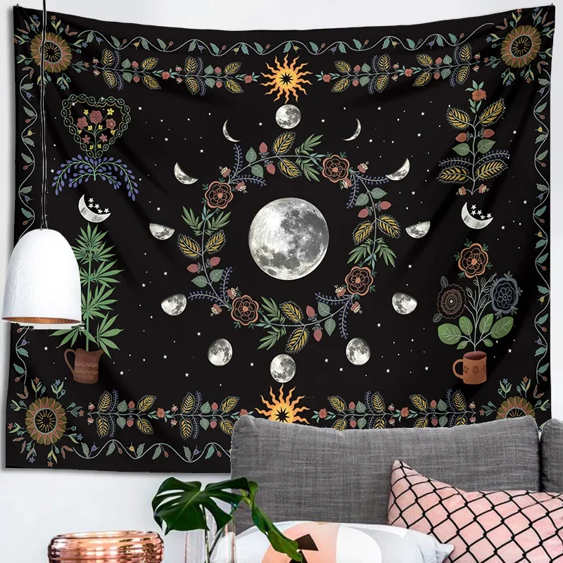 Moon phase Floral Tapestry Wall Hanging for Home Decor