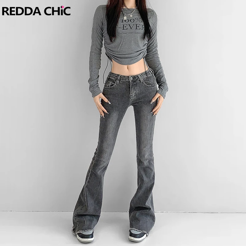 

REDDACHiC Retro Gray Women Flared Jeans Pants Stretchy Denim Bell Bottoms Bootcut Trousers Long Vintage Y2k Female Acubi Fashion