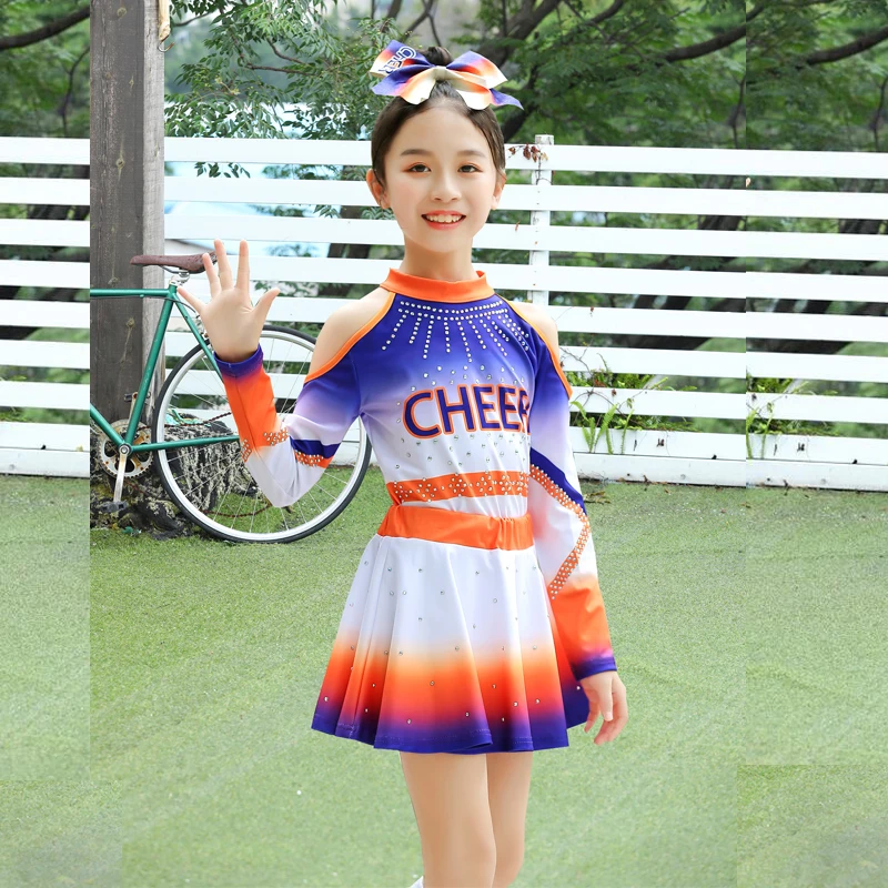 Schoolgirl Boy Cheerleading Costumes With Rhinestones Team Performances Stage Cheer Uniform Women Long Sleeves
