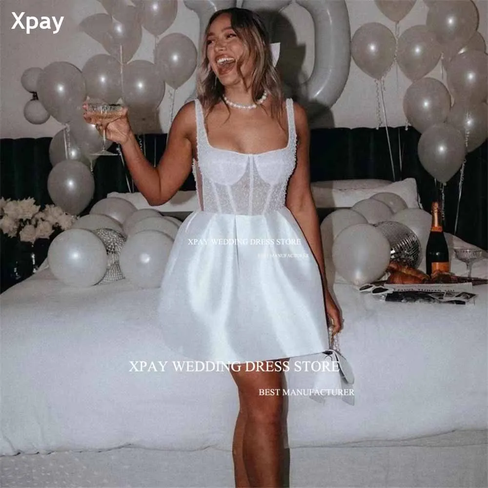 

XPAY Square Neck A Line Short Wedding Dresses Wide Straps Beading Lace Bridal Gowns Modest Pleats Backless Mini Vestido de noiva