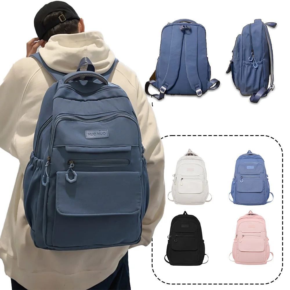 Minimalist Solid Color Nylon Backpack, Multi-Pocket Daypack, Lightweight Water-Resistant Bag for School & Daily Use 1