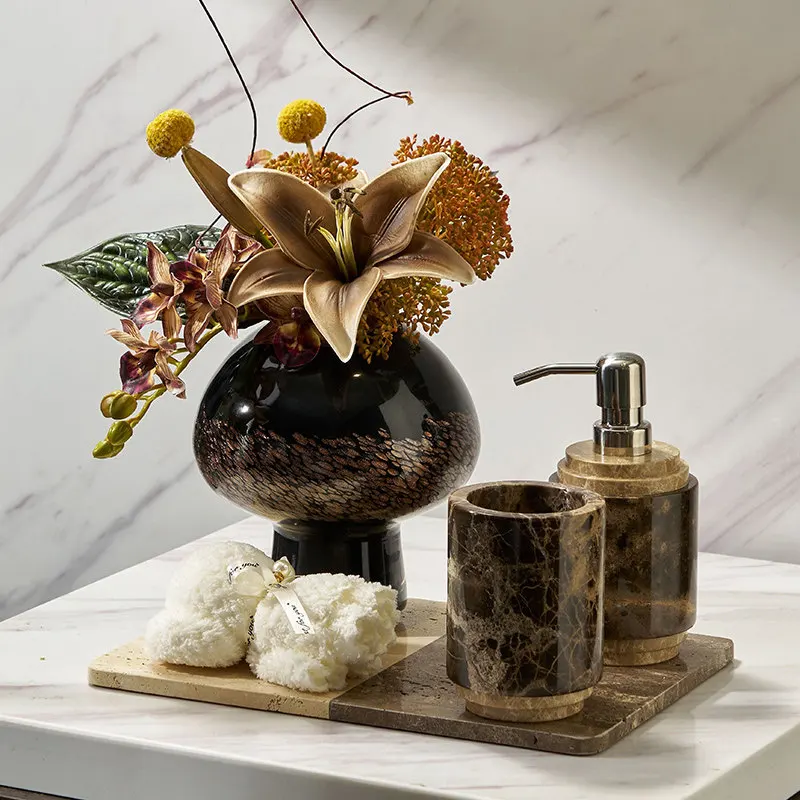 창의적인 레오파드 프린트 스톤 로션 병 구강청결제 컵 대리석 트레이 호텔 욕실용품 비누 디스펜서 컵 장식